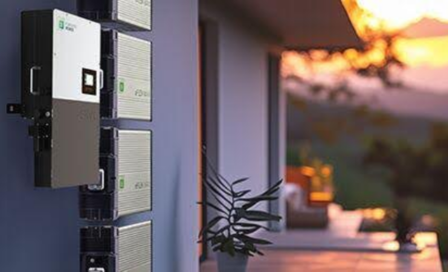 Sistema de baterías solares e inversor instalado en la pared exterior de una residencia, diseñado para almacenar energía y proporcionar respaldo eléctrico eficiente.