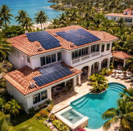 Residencia en Puerto Rico equipada con sistema de paneles solares en el techo, mostrando una solución de energía limpia y sostenible para el hogar.